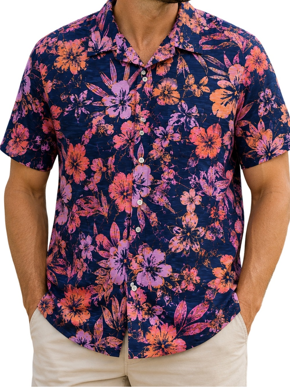 St. John’s Bay Men’s XXL NWT Tropical Floral Hawaiian Camp Shirt Navy Coral
